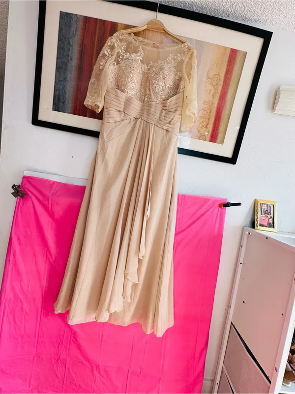 Elegant Lace Bodice Chiffon Evening Dress - Beige - Image 6