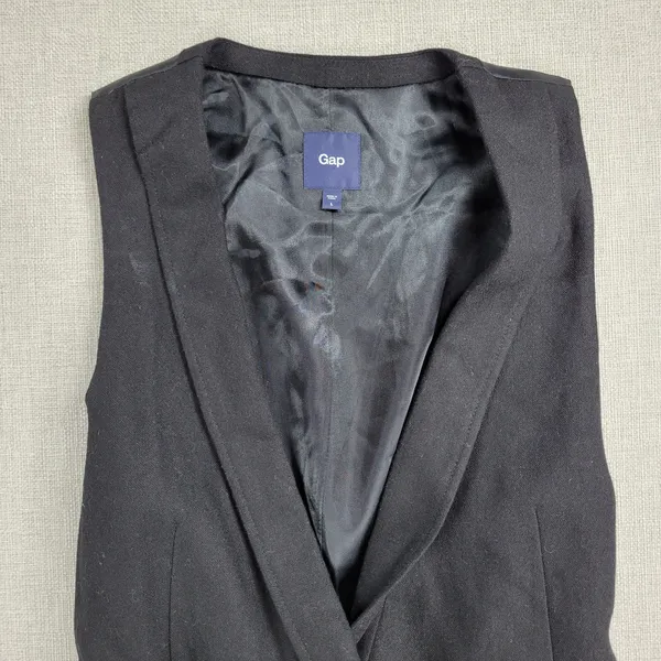 Gap Womens Vest Large Black Wool Blend Plunging Neck Waist Tie Double Breasted - Image 6