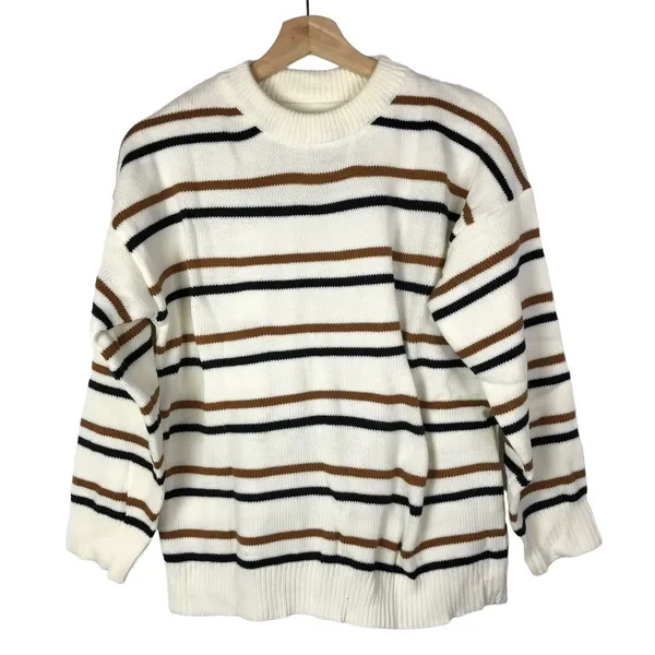 Boutique White‎ & Brown Stripe Crewneck Pullover Sweater M - Image 2