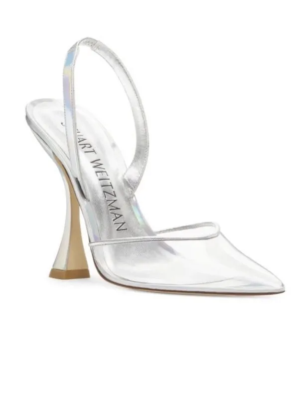 STUART WEITZMAN Xcurve Slingback Iridescent Silver & Clear Pointed Toe Pumps 9 - Image 10