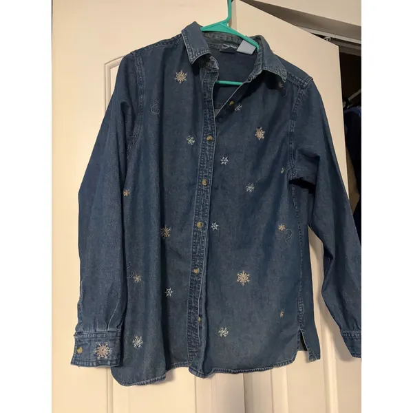 Womens Denim Long Sleeve‎ Shirt Snowflake Embroidery Blue Button Down Casual Top - Image 2