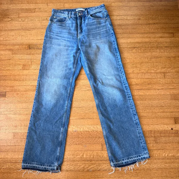 Zara Womens High Rise Wide Leg Jeans Blue Medium Wash Raw Hem Size 8 8228/221 - Image 3