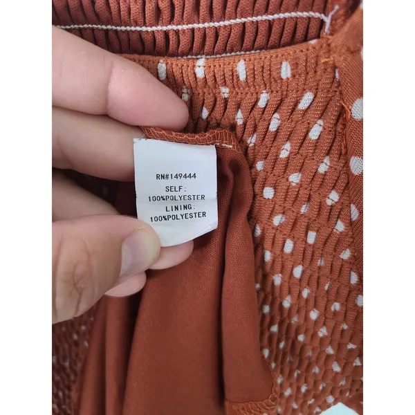 Ember Med Rust Orange Polka Dot Smocked Maxi Dress Flutter Sleeve Cottage Boho - Image 5