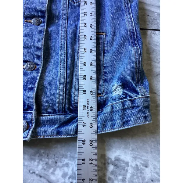 Abercrombie & Fitch Womens XS Blue Denim Vest Sequin Collar Distressed Jacket - Image 4