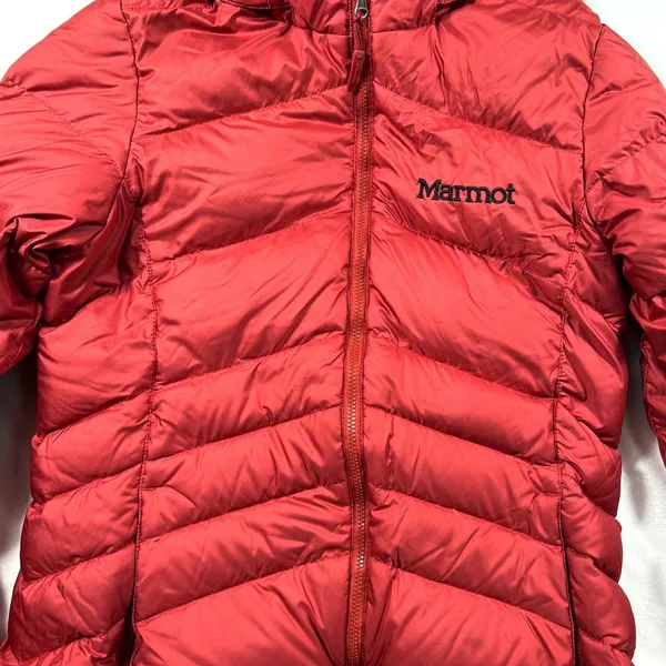 Marmot Puffer Jacket XS Red 700 Fill Down Quilted Hooded Winter Coat Longline - Image 2