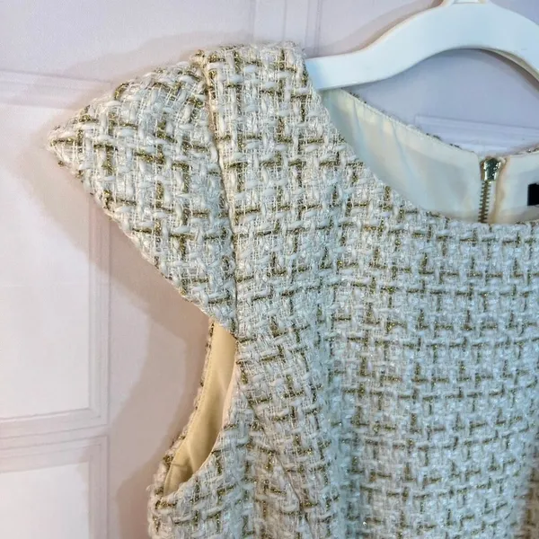 Badgley Mischka White Gold Tweed Boat Neck Cap Sleeve Sheath Dress Size 0 - Image 5