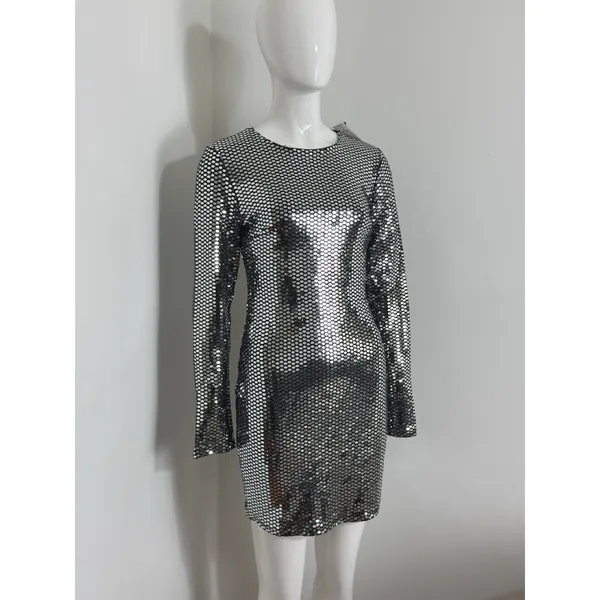 Women’s Silver Sequin Mini Dress Long Sleeve Bodycon Club Cocktail Size M NWT - Image 2