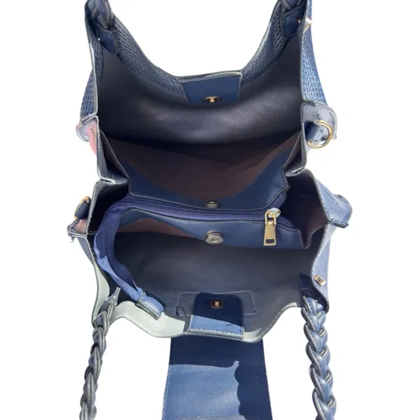 Navy Blue Triple Compartment‎ Tote Bag Classic Elegant Braided Handles Gold Logo - Image 4