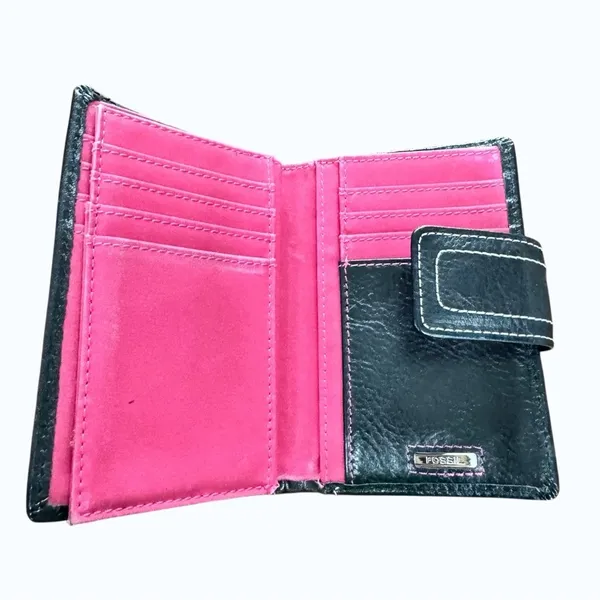 Fossil Black Leather Wallet Pink Interior Bifold Snap Tab Zip Pocket - Image 5