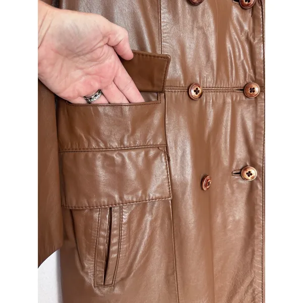 1970s The Tannery For Montgomery Ward Brown Leather Trench Coat M Long Coat - Image 15