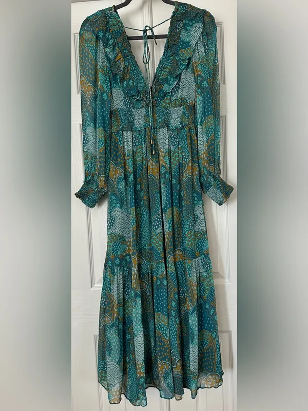 Anthropologie Odetta Ruffled V-Neck midi Dress Teal Gold Boho Mixed Print Small - Image 5