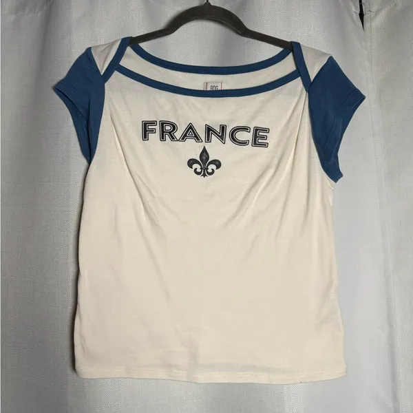 BDG Urban Outfitters Cream and Blue France Fleur De Lis T Shirt 90s Size XL - Image 8