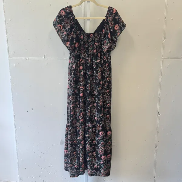 Universal Thread Black Floral Tiered Maxi Dress Small V-Neck Smocked Back Boho - Image 2