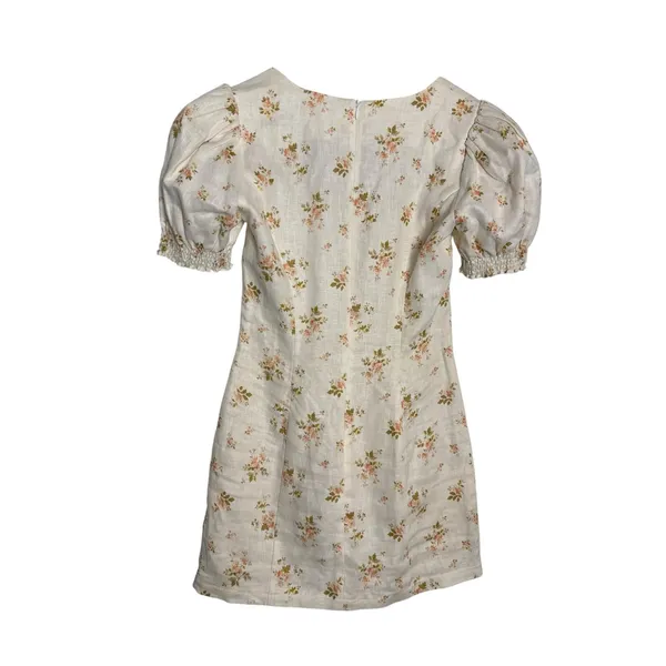 Reformation Gina 100% Linen Cream Floral Print Puff Sleeve Coquette Mini Dress 0 - Image 4