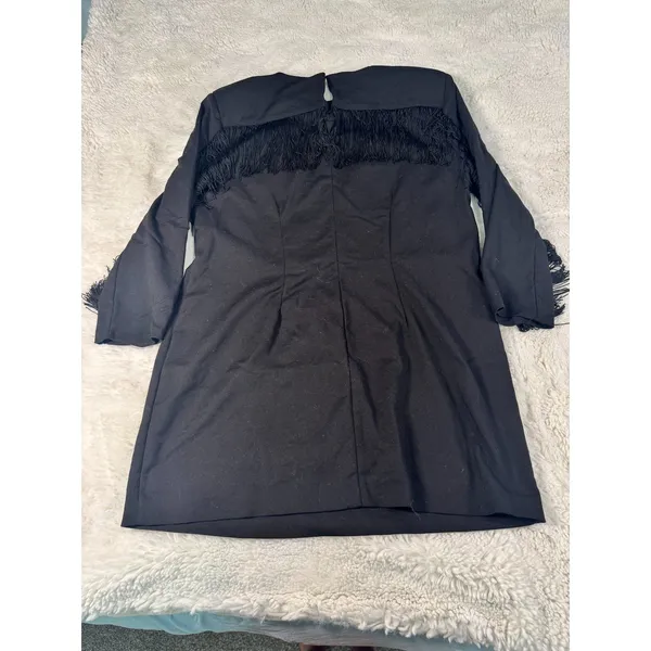 ZARA Black Fringe Statement Mini Dress Long Sleeve XL - Image 2