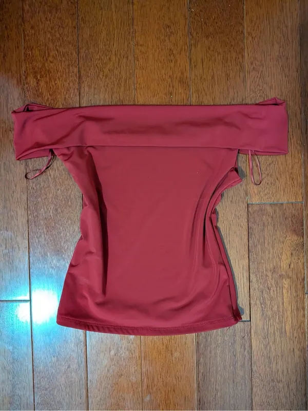Garage Off-Shoulder Top in Burgundy Red - Image 2