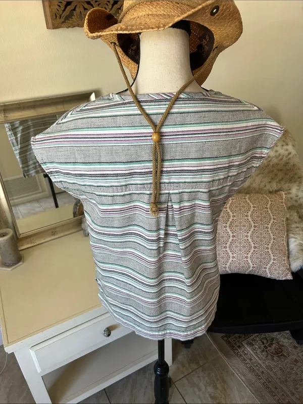 Kavu outdoor V-neck stripe summer hiking Gorpcore top 100% cotton med - Image 4