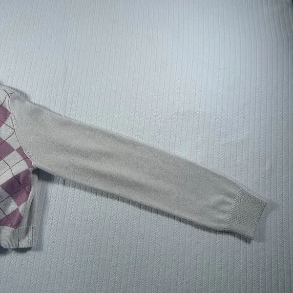 Aeropostale Women’s Large Cropped Cardigan Argyle Pink Beige Button Front Preppy - Image 5