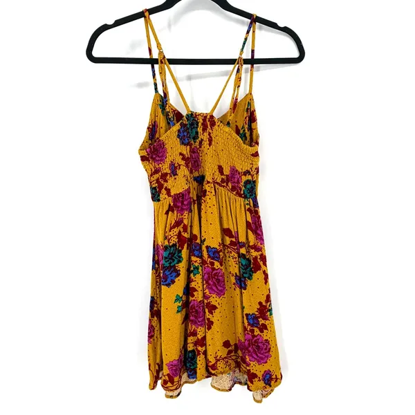 Free People Mini Dress Floral Boho XS Yellow Strappy Sun Dress Festival Summer - Image 7