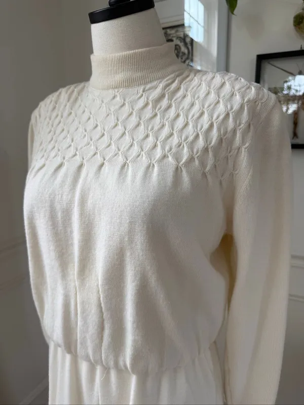 Vintage 80s Ciao Petites 100% Wool Knit Ivory Blouson Dress M - Image 4
