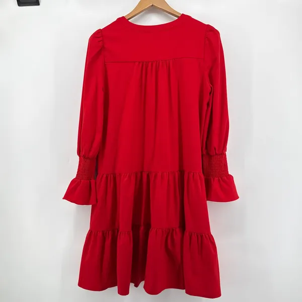 Pomander Place Red Crepe Kenzo Dress Tuckernuck Tiered Smocked Cuff Medium‎ - Image 6