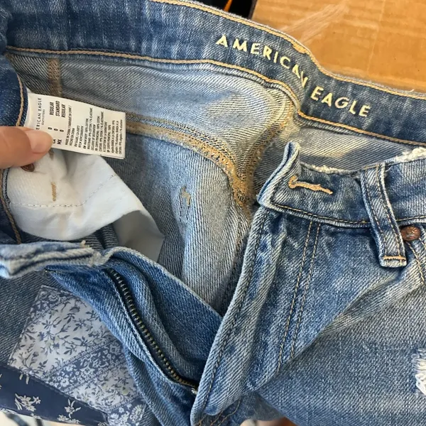American Eagle Distressed Blue Patchwork Mom Straight Leg Jeans - Image 3