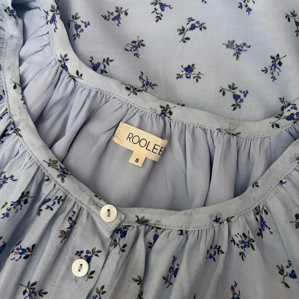 ROOLEE Wandering Free Blue Floral Dress Midi Tie Waist Buttons Raglan Small - Image 10