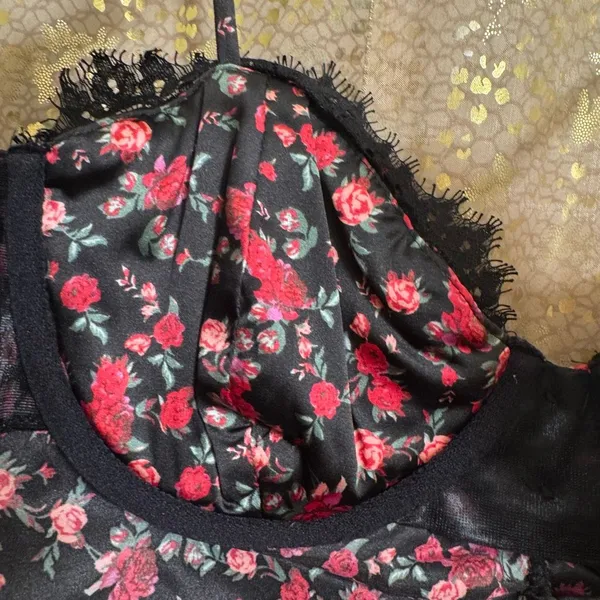 For Love & Lemons Black Melrose Romantic Bustier Pink Floral Bra Top Large - Image 7