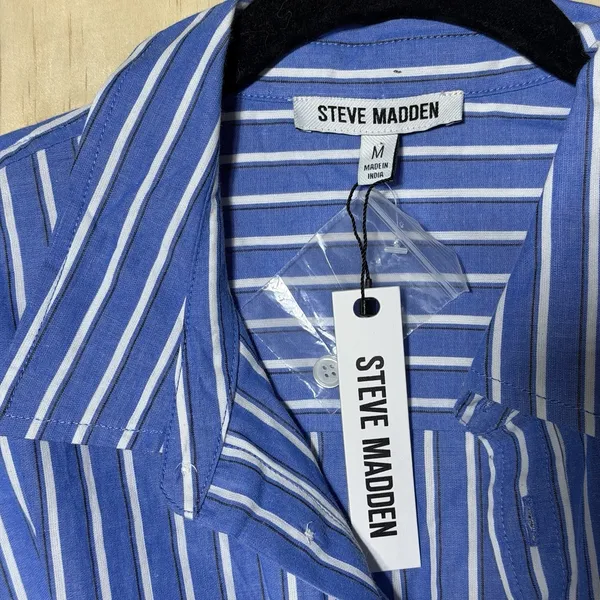 Steve Madden Shirt Dress Womens Medium Blue Stripe Tie Front Button Up NWT $79 - Image 3