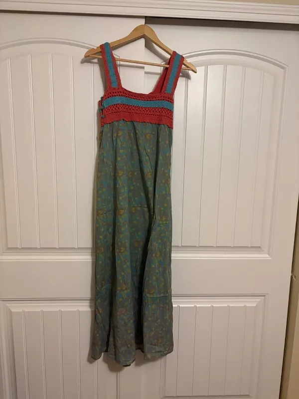 Sundance Boho Crochet Top Dress Size 2 Red Green Floral Print Skirt Maxi Length - Image 3