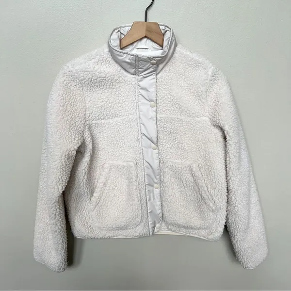 Hollister Cream Sherpa Bomber Jacket Full Zip with Snaps Size XS Off White - Image 3