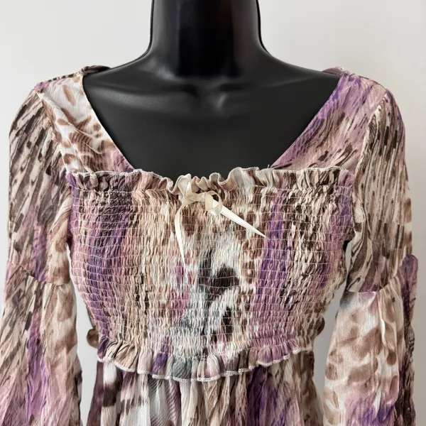 Y2K sz M Purple Animal Print Sheer Cottage‎ Smocked Peasant Babydoll Top Boho - Image 3