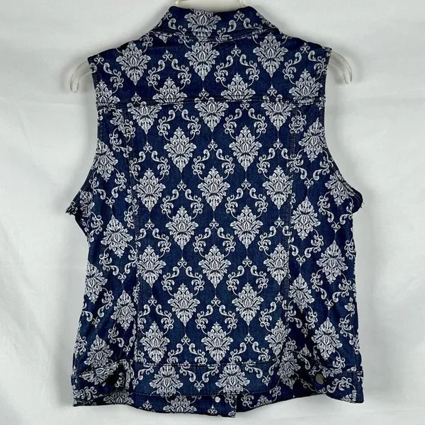 Baccini Floral Denim Style Sleeveless Button Down Collard Vest Large - Image 3