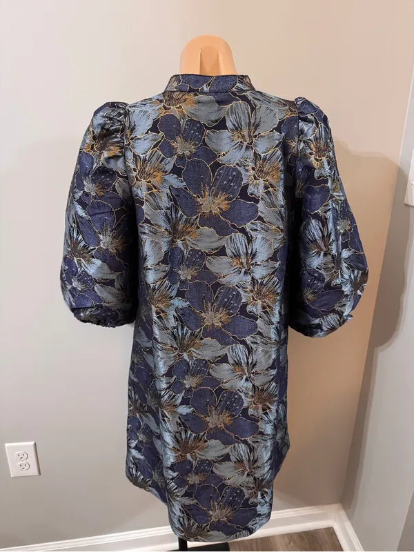 Crown & Ivy Jacquard Floral Metallic 3/4 Puff Sleeve Dress Blue Gold - Image 8