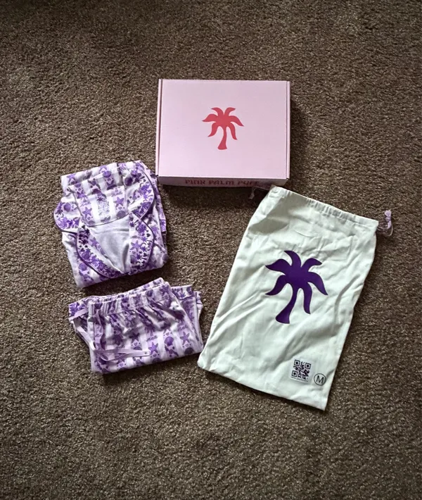 Pink Palm Puff Pajamas - Twilight Purple - Size Medium, NWT w/ Bag and Box - Image 7