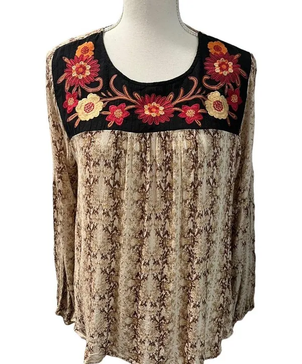 Savanna Jane Boho Floral Embroidered Gold Thread Long Sleeve Fall Blouse Size L - Image 2