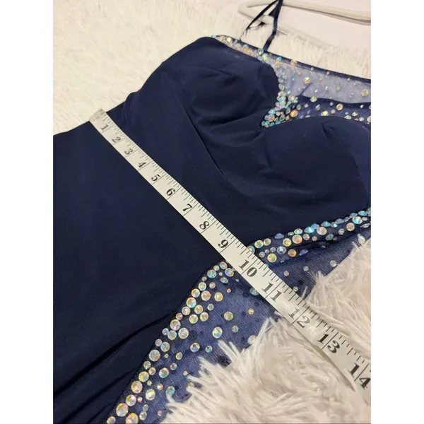 La Femme One Shoulder Sheer Rhinestone Formal Maxi Dress in Navy Blue Size 0 - Image 5