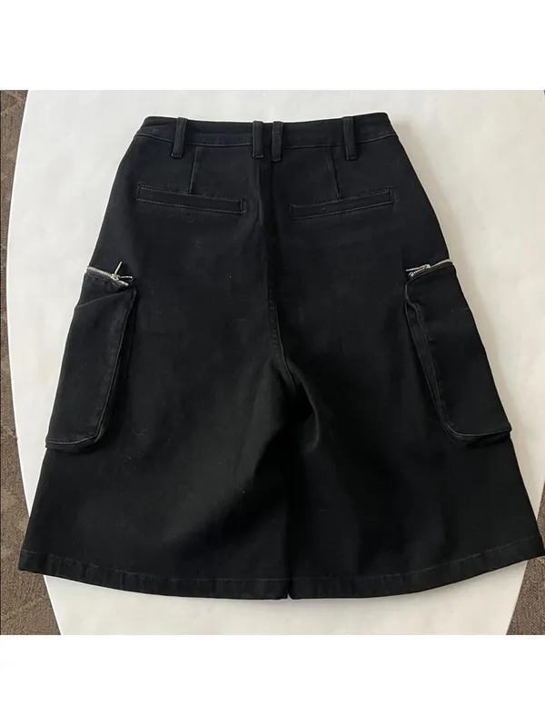 Black Y2K Skater Grunge Goth Edgy Long Cotton Denim Bermuda Shorts Zip Cargo S - Image 5