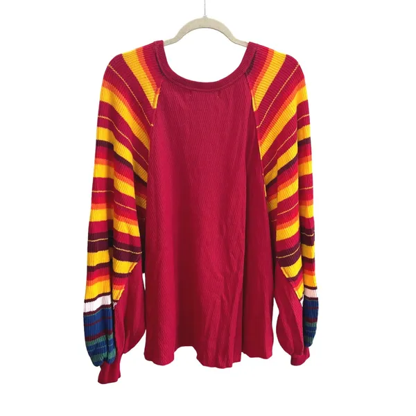 We The Free Found My Friend Rainbow Top Wmn Medium Red Boho Striped Waffle Knit - Image 5