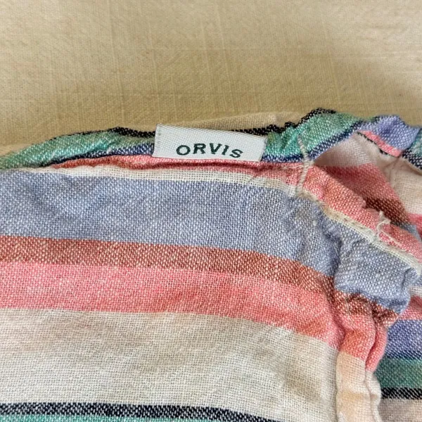 Orvis Linen Blend Shirt L Pastel Stripe Coastal Grandmother Cap Sleeve - Image 3