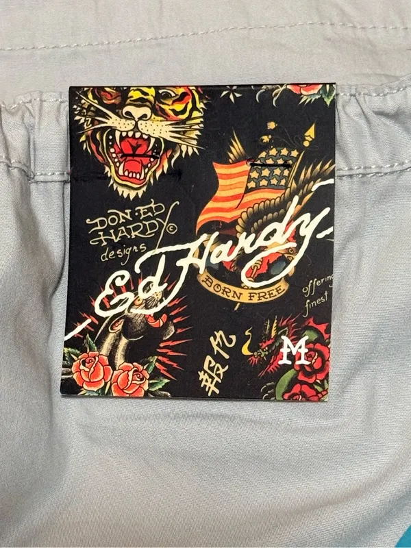 NWT Ed Hardy Drawstring Cargo Pants Grey Low Rise Butterflies Phoenix Graphic M - Image 8