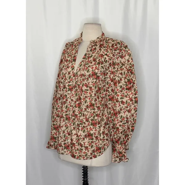 FREE PEOPLE Meant To‎ Be Blouse Floral Vintage Combo Ruffled Smocked Small - Image 6