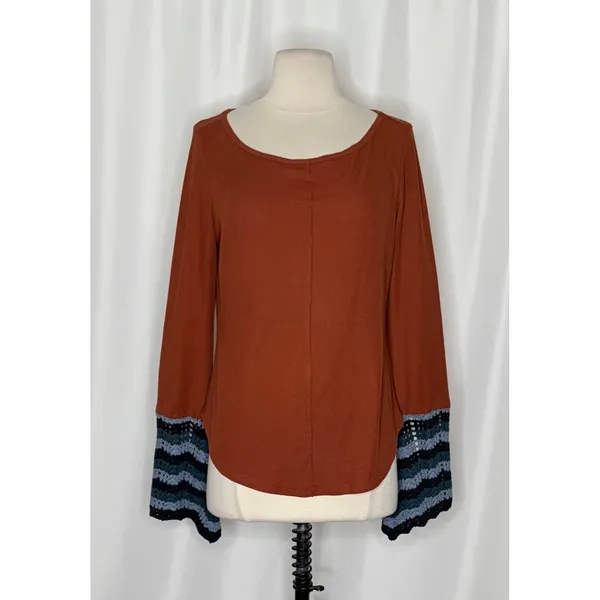 Anthropologie PILCRO Crochet Cuffed Thermal Top Cedar Pullover Stripes Small - Image 2