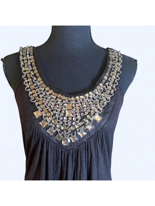 Vintage Y2K black rhinestone embellished lace back tank top glam size Large 🖤 - Image 2