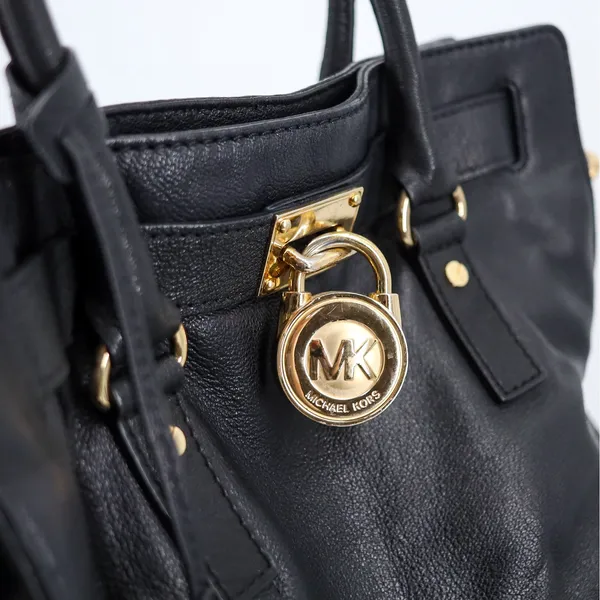 Michael Kors Hamilton‎ Satchel Women Large Black Leather Gold Padlock Tote Bag - Image 12