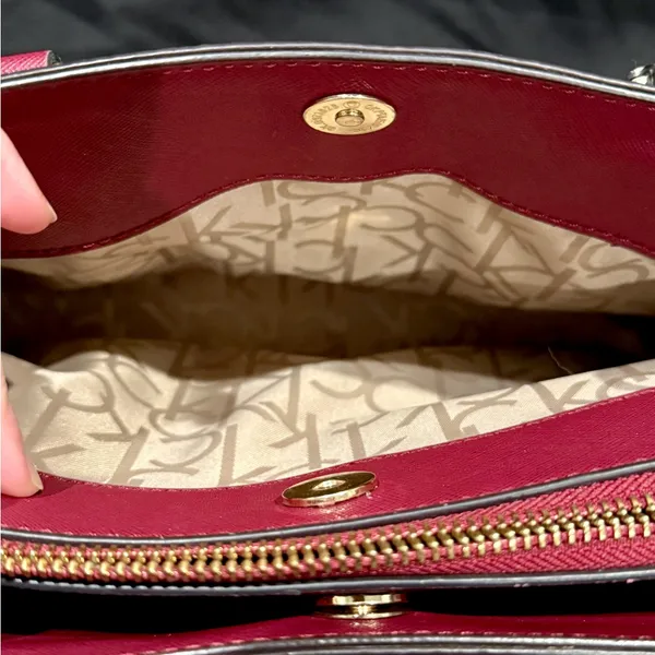 Calvin Klein Monogram Satchel in Brown and Red with gold accents - Image 7