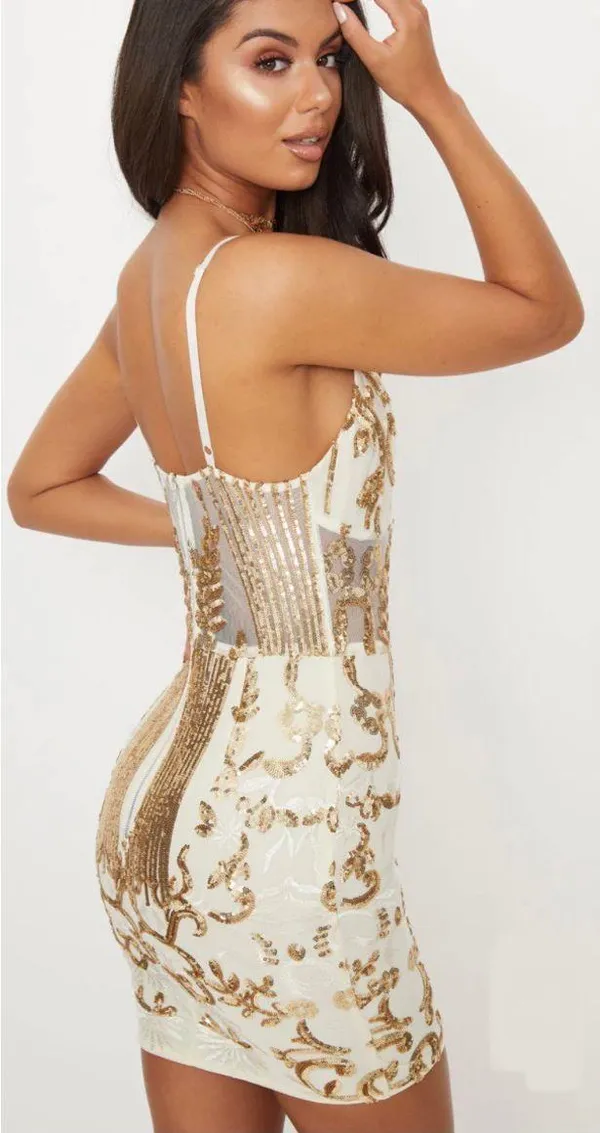 PRETTYLITTLETHING Gold Sheer Strappy Sequin Bodycon Dress - Image 2
