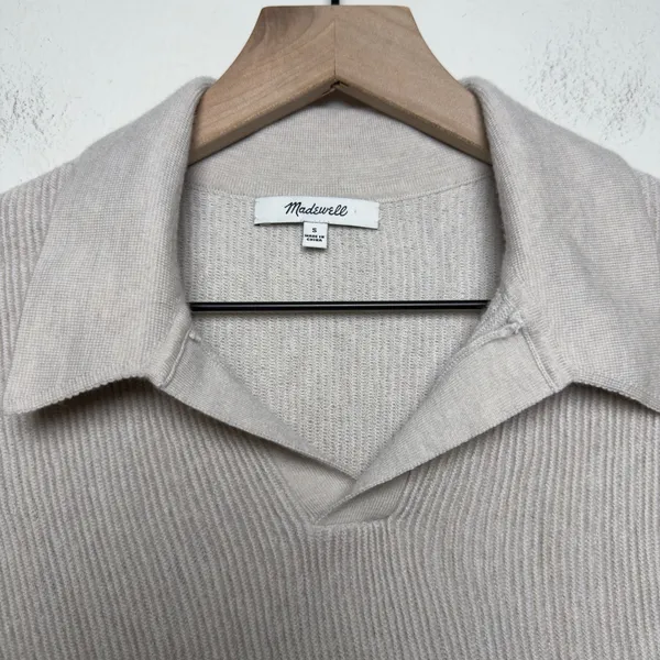 Madewell Womens 100% Merino Wool Sweater S Beige Ribbed Polo‎ Preppy Academia - Image 5