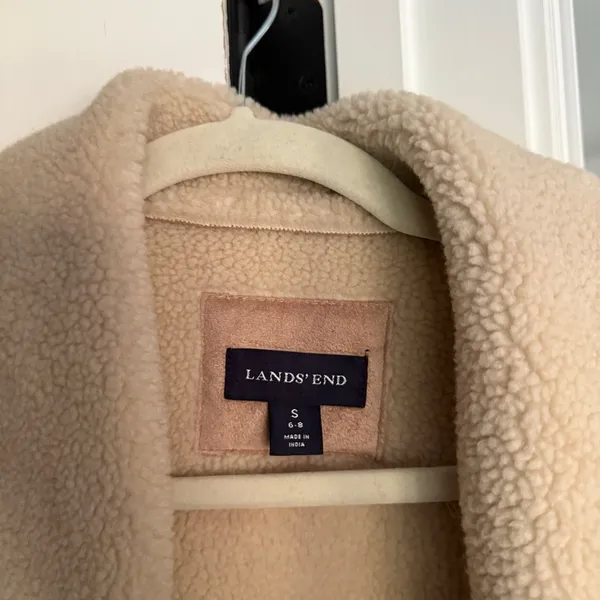 Lands End Shearling Barn Jacket Brown Ivory Button‎ Up Fall Country Coat - Image 2
