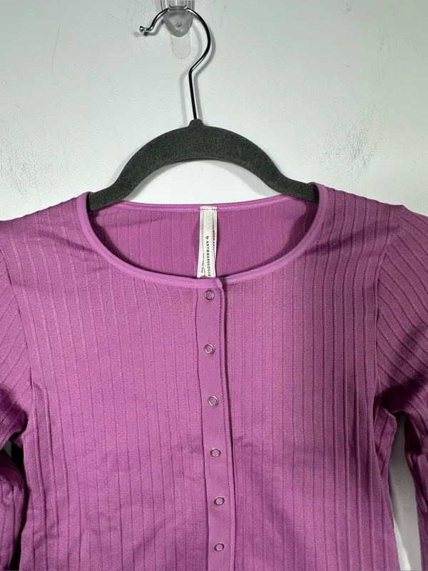 Anthropologie‎ Velvet Ribbed Cropped Cardigan Top Pink Snap Front XXS XS - Image 5